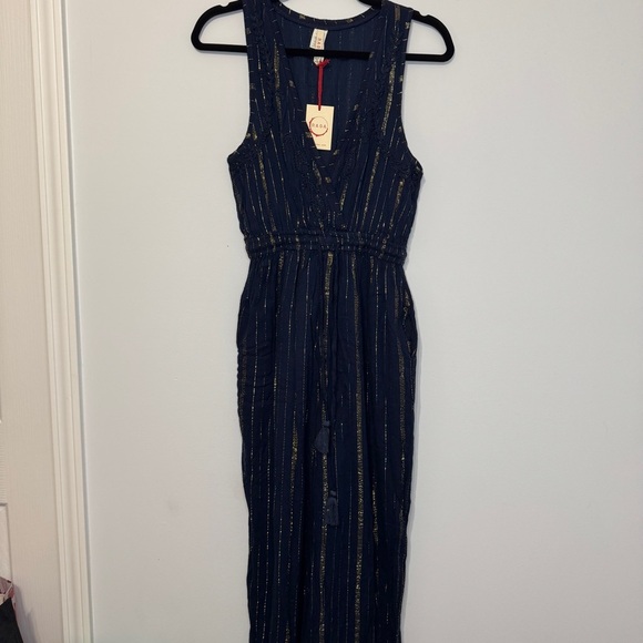 Raga Navy Blue & Gold Metallic Stripe Maxi Dress XS Festival Resort Wear NWT - Picture 2 of 16